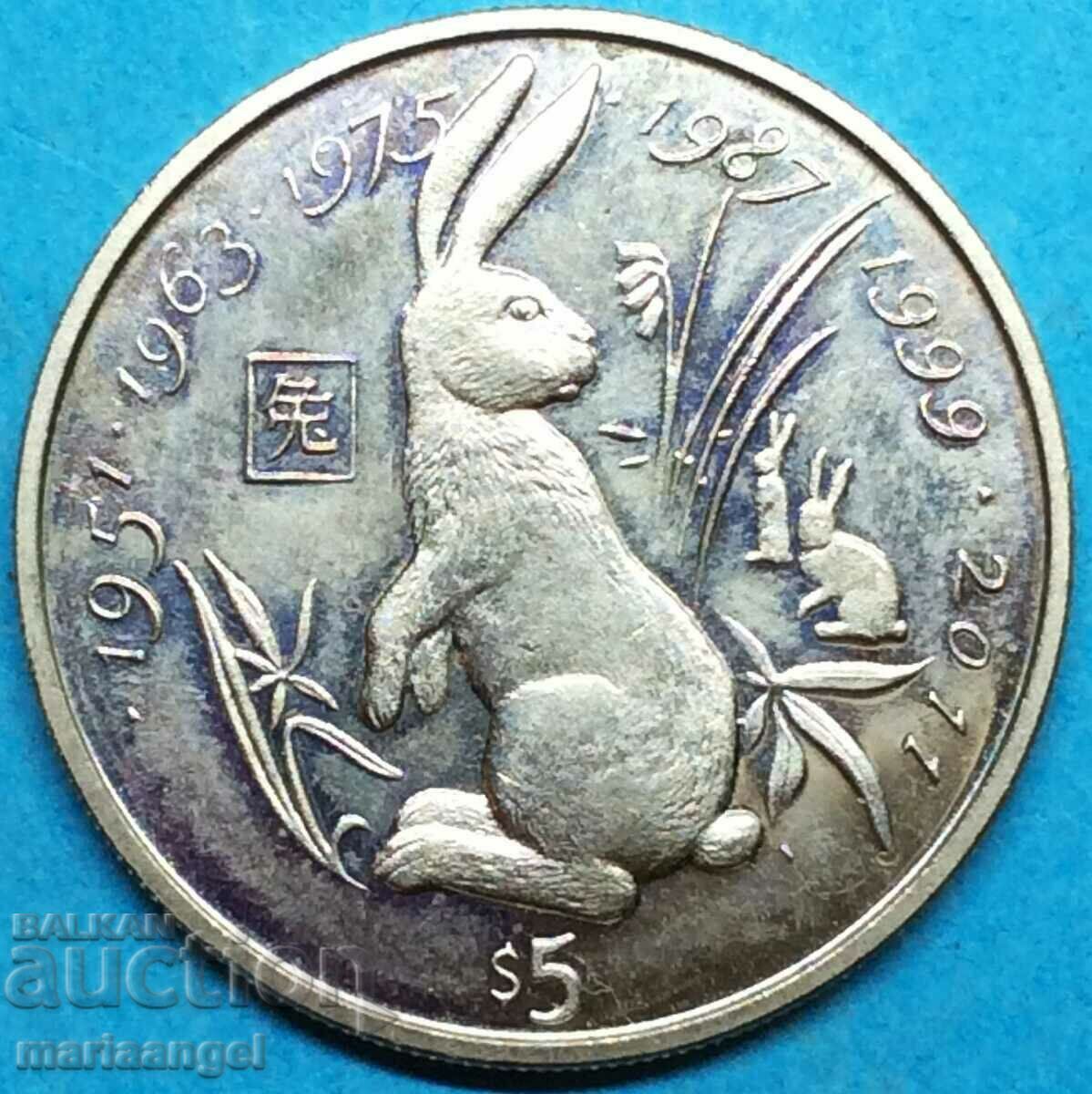 Liberia 2000 5 Dollar Year of the Rabbit (2023) Silver