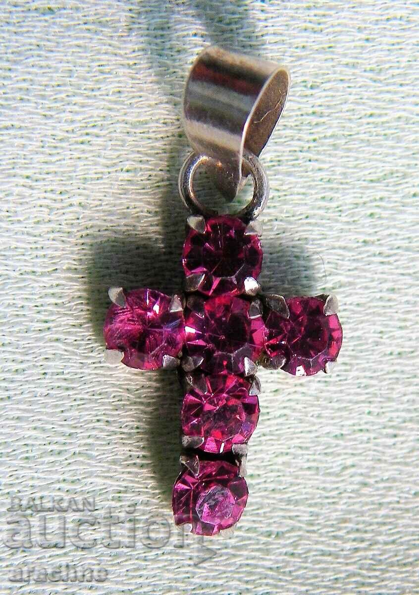 Silver cross with pink sapphires