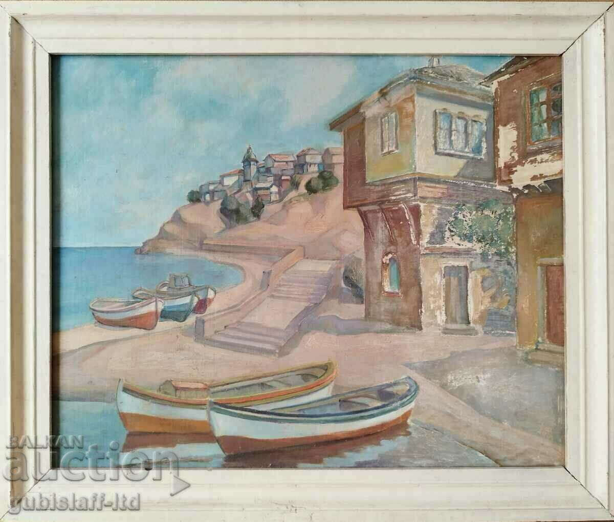 Painting, Nessebar, sea, boats, 1990