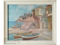 Картина, Несебър, море, лодки, 1990 г.