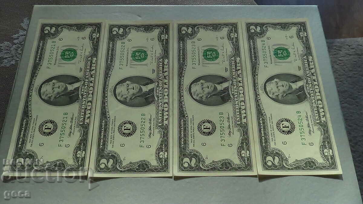 2 dollars 1995 USA. 4 consecutive numbers