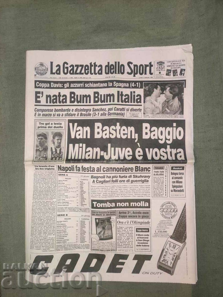 Sports newspaper La Gazzetta dello Sport 3 February 1992