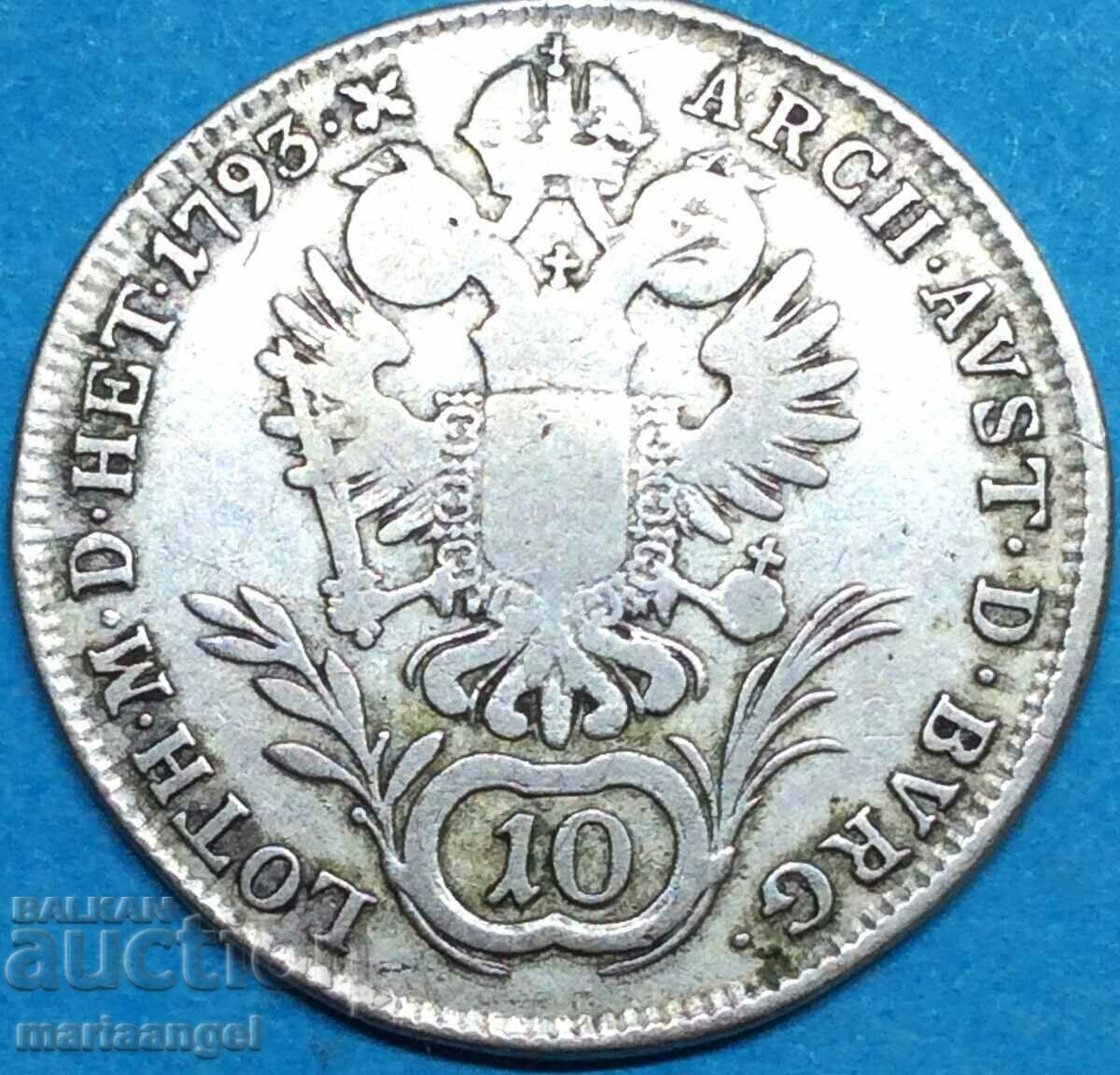 Австрия 10 кройцера 1793 А - Вена Франц 1 сребро - RARE!!!