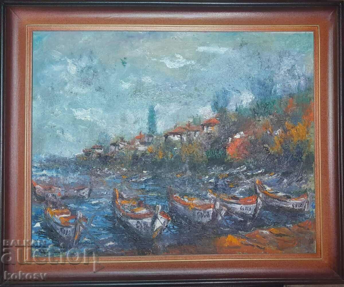 Painting, oil, Sozopol, quay, port