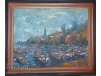 Painting, oil, Sozopol, quay, port