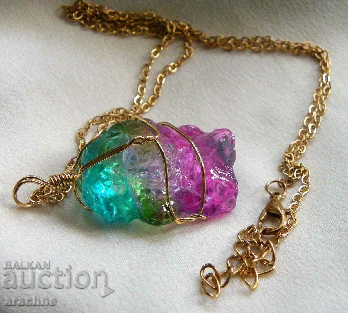 Gold-plated silver necklace with a large Brazilian "watermelon" tourmaline