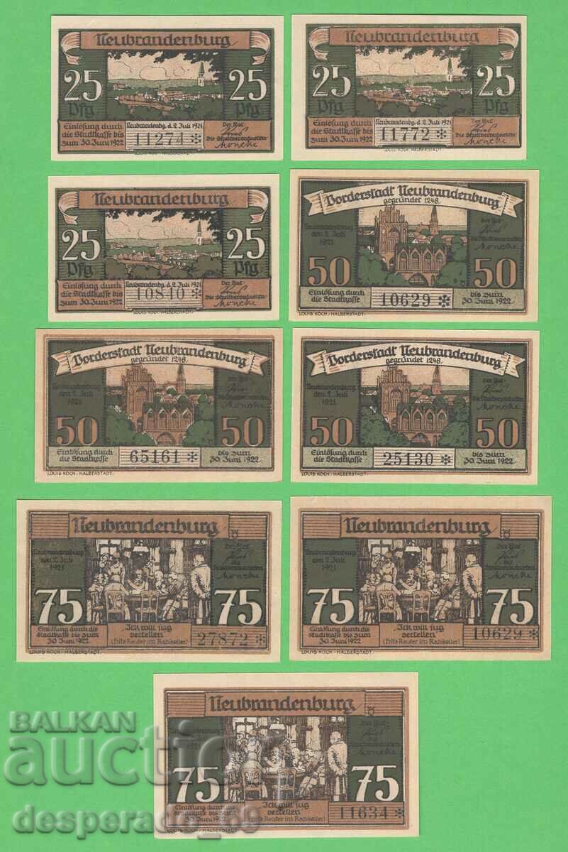 (¯`'•.¸NOTGELD (city of Neubrandenburg) 1921 UNC - 9 pcs. banknotes with price 20.60 BGN | € 10.53 (¯`'•.¸NOTGELD (city of Neubrandenburg) 1921 UNC - 9 pcs. banknotes with price 20.60 BGN | € 10.53