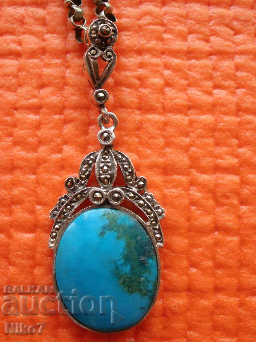 Antique silver medallion, pendant, necklace with BLUE TURQUOISE.