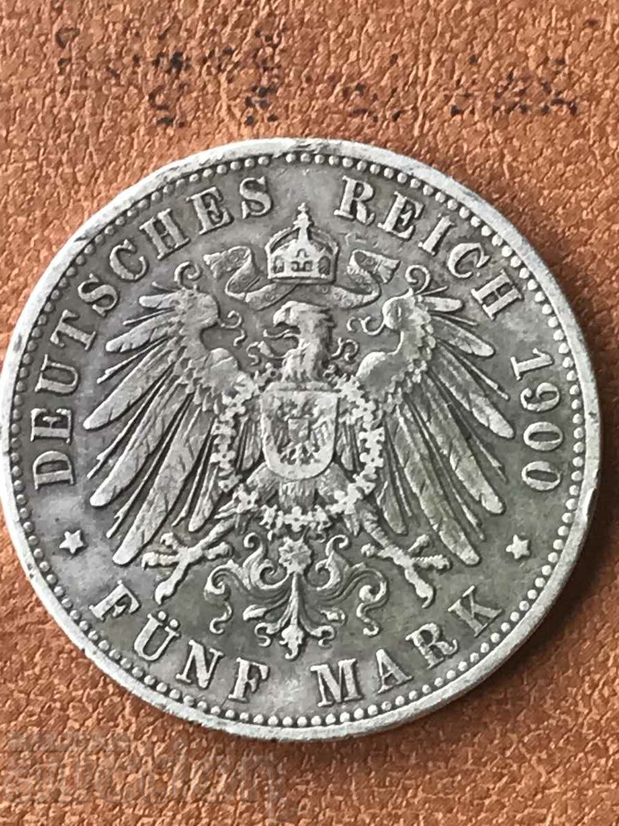 Germany Prussia 5 Marks 1900 Wilhelm II Silver