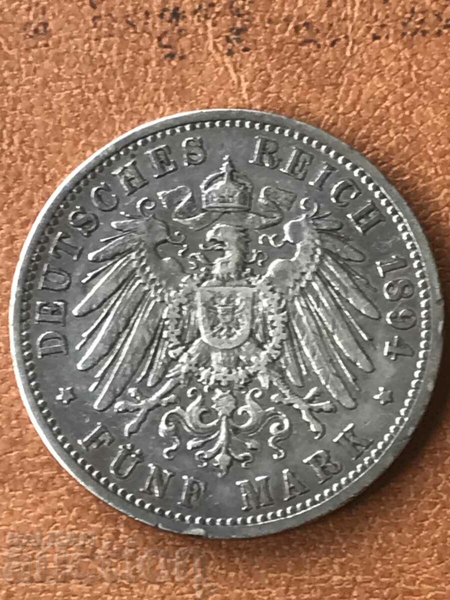 Германия Прусия 5 марки 1894 Вилхелм II сребро