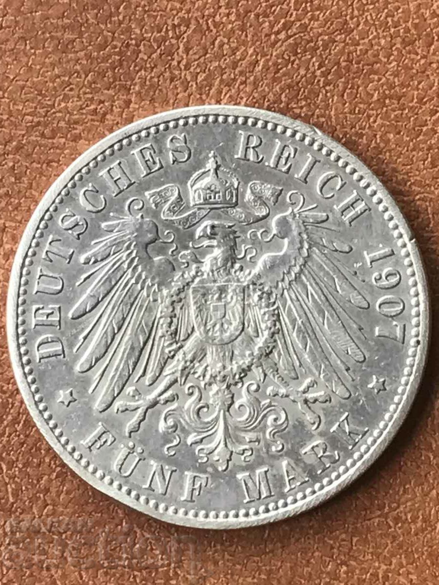 Germania Prusia 5 Marci 1907 Wilhelm II Argint