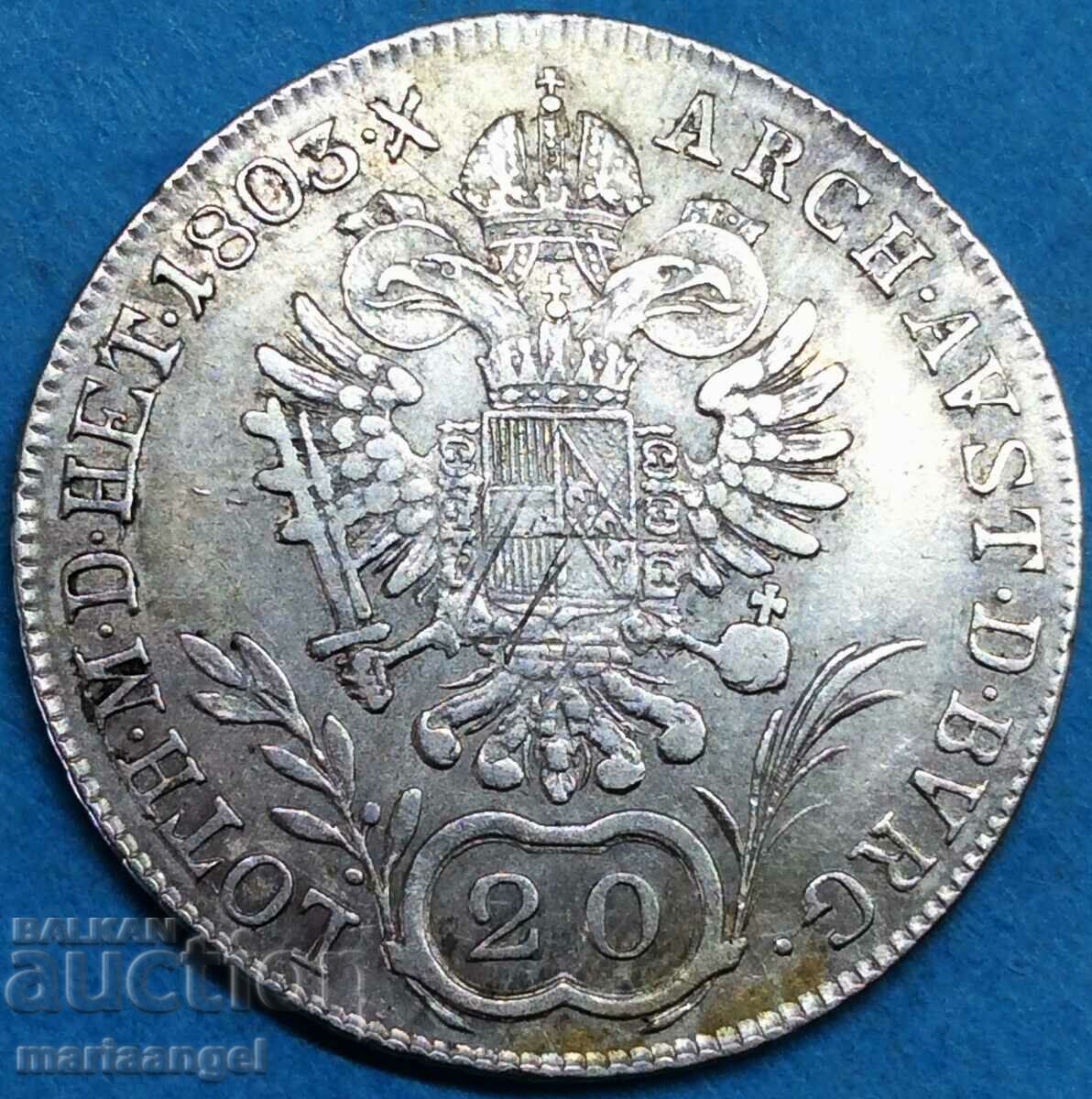 Австрия 20 кройцера 1803 В - Кремниц Франц II 29mm сребро