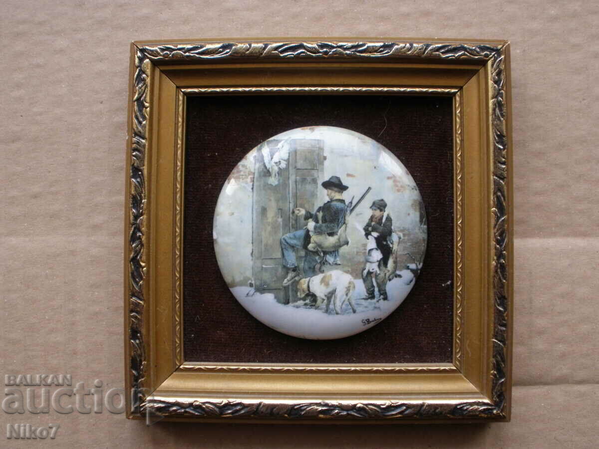 Antique, ceramic wall panel - hunting theme. Antique, ceramic wall panel - hunting theme.