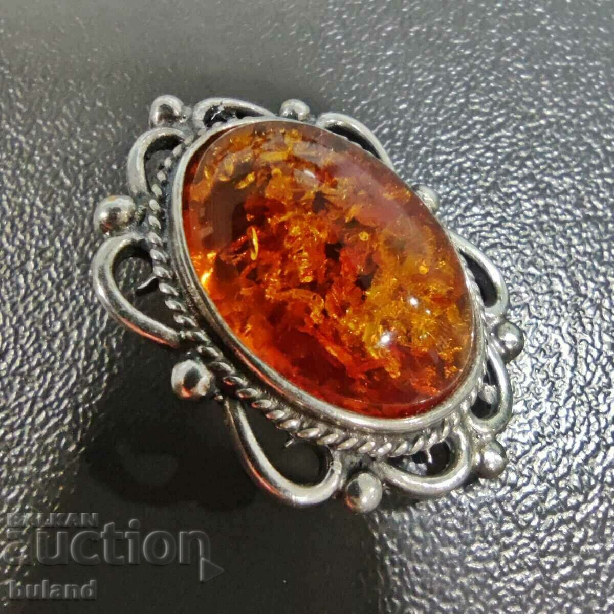 Old Silver Women's Brooch with Amber Silver