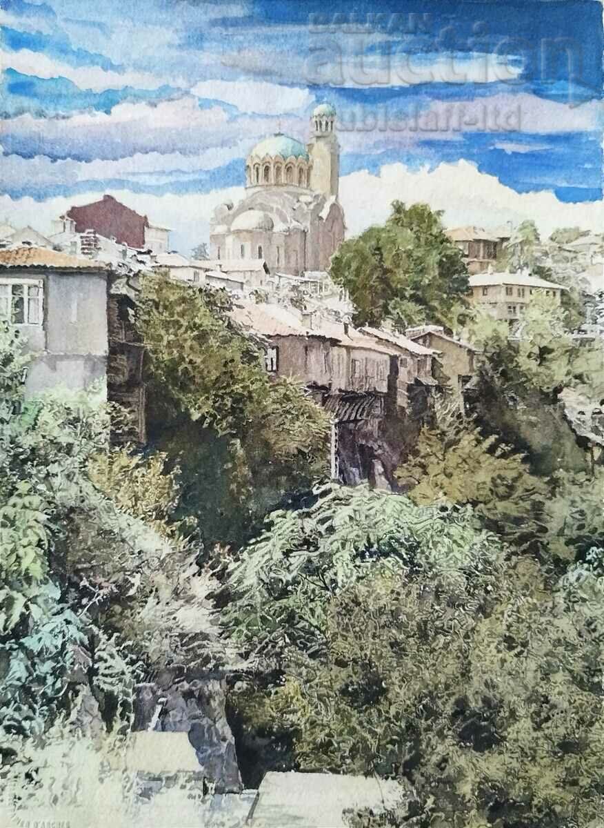 Picture, view from Veliko Tarnovo with the cathedral