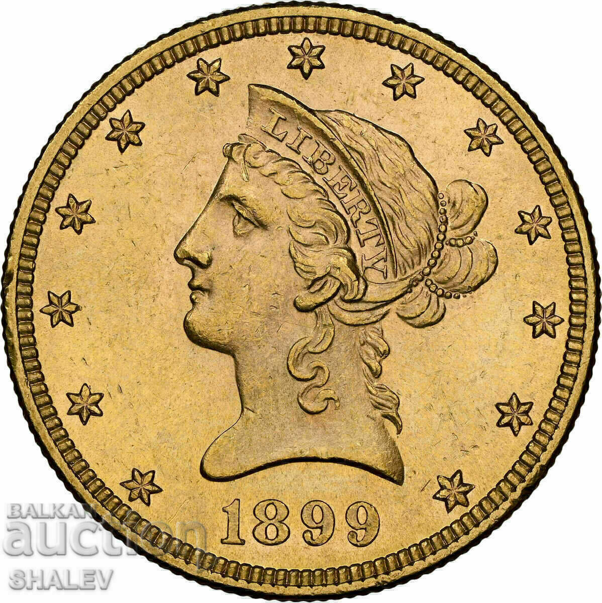 Auction 10 Dollars 1899 United States of America (USA) - MS62 (gold) Auction 10 Dollars 1899 United States of America (USA) - MS62 (gold)
