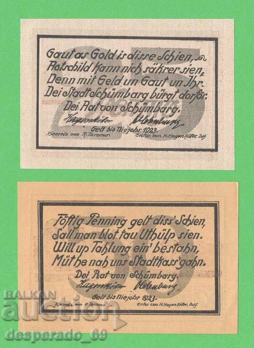 (¯`'•.¸NOTGELD (orașul Schönberg) UNC -2 bancnote¸.•'´¯) cu preț € 2.60 | 5.09 BGN
