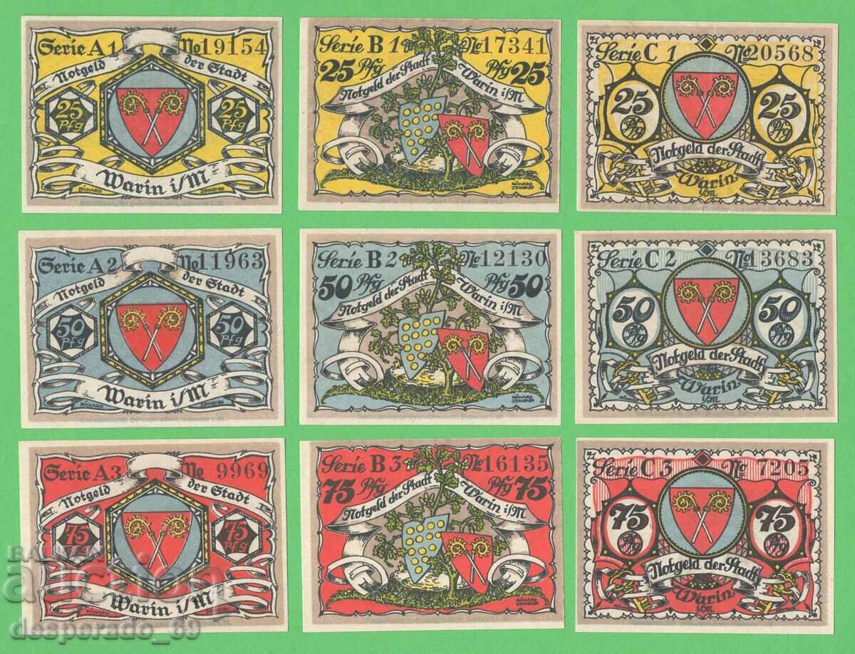 (¯`'•.¸NOTGELD (city Warin) 1921 UNC -9 pcs. banknotes¸.•'´¯) with price 23.40 BGN | € 11.96