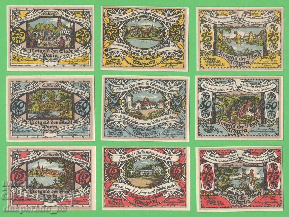 (¯`'•.¸NOTGELD (city Warin) 1921 UNC -9 pcs. banknotes¸.•'´¯)