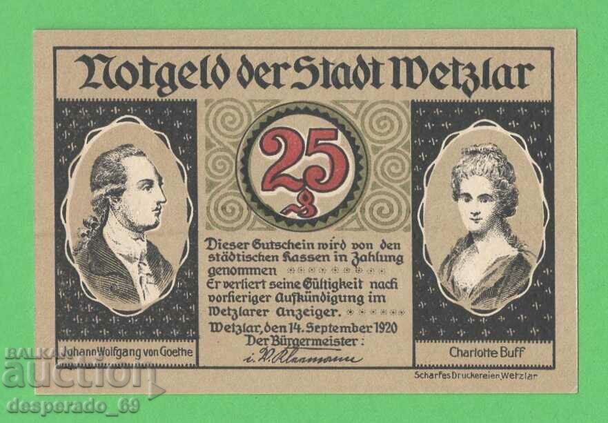 (¯`'•.¸NOTGELD (city Wetzlar) 1920 UNC -25 pfennig¸.•'´¯) with price 3.00 BGN | € 1.53 (¯`'•.¸NOTGELD (city Wetzlar) 1920 UNC -25 pfennig¸.•'´¯) with price 3.00 BGN | € 1.53