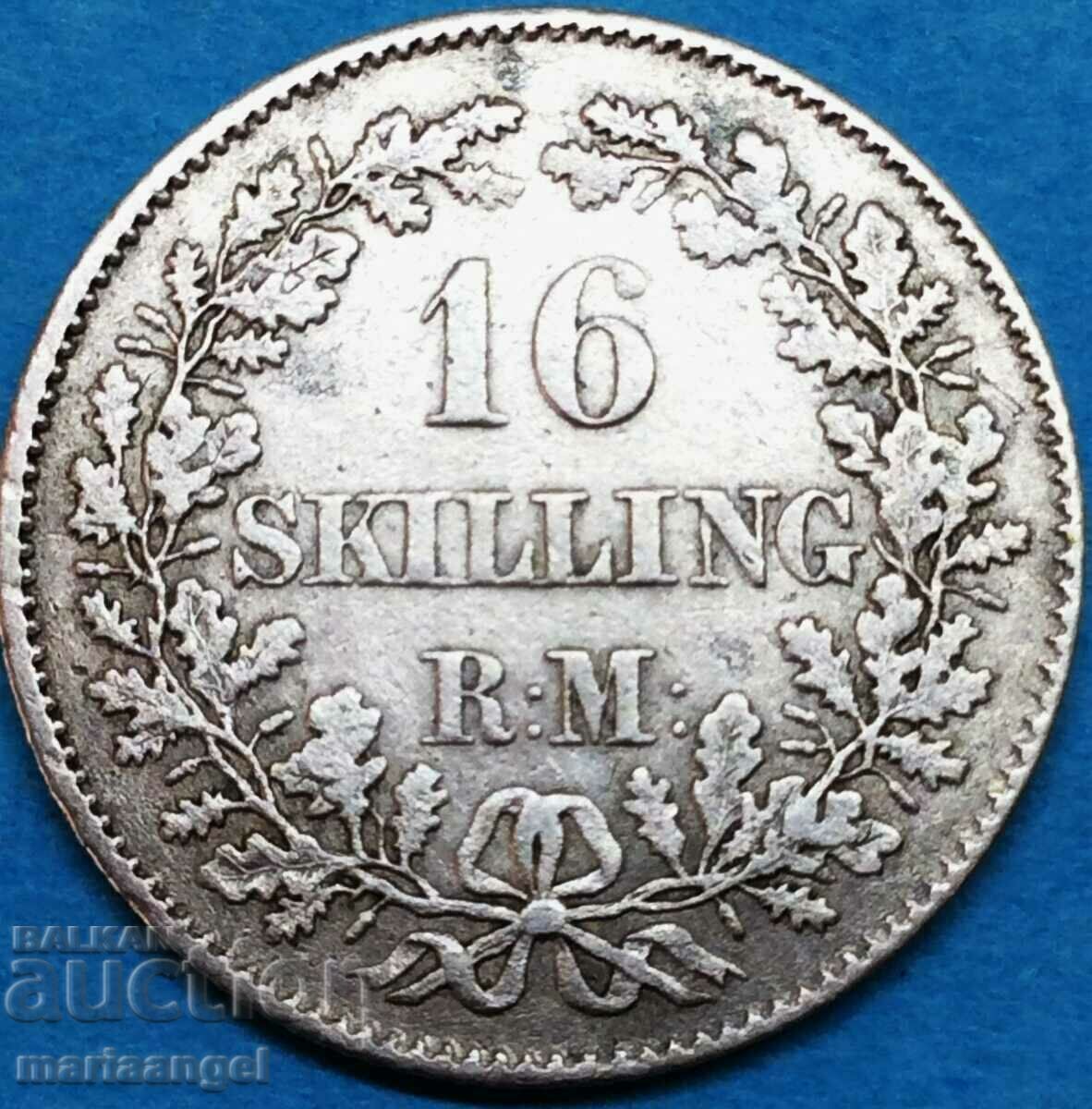 Дания 16 скилинга 1857 Фредерикус VII сребро