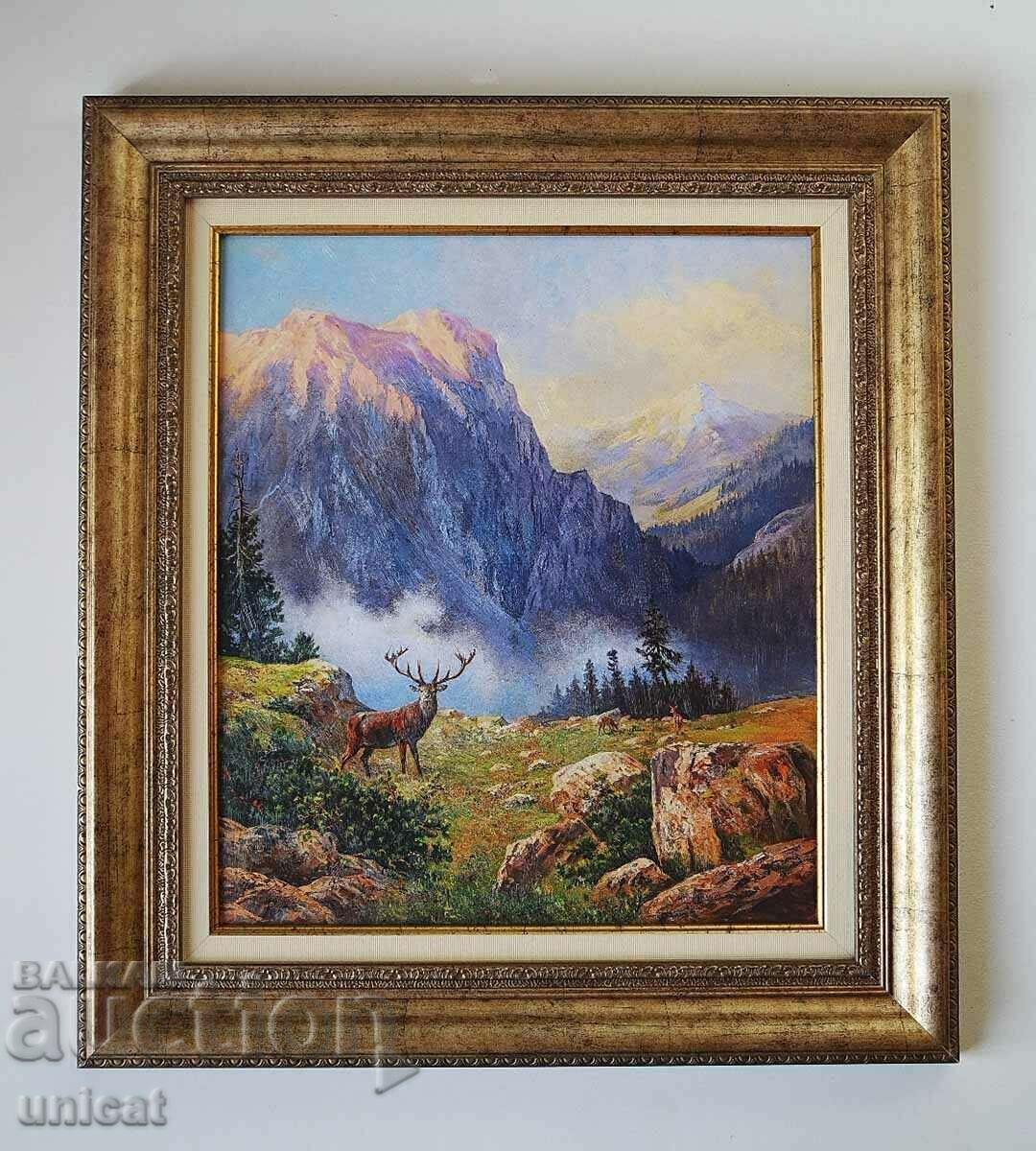 Планински пейзаж с елен и кошути, картина, рамкирана