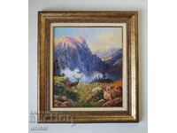 Планински пейзаж с елен и кошути, картина, рамкирана
