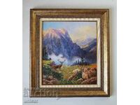 Mountain landscape with deer and hinds, picture, framed