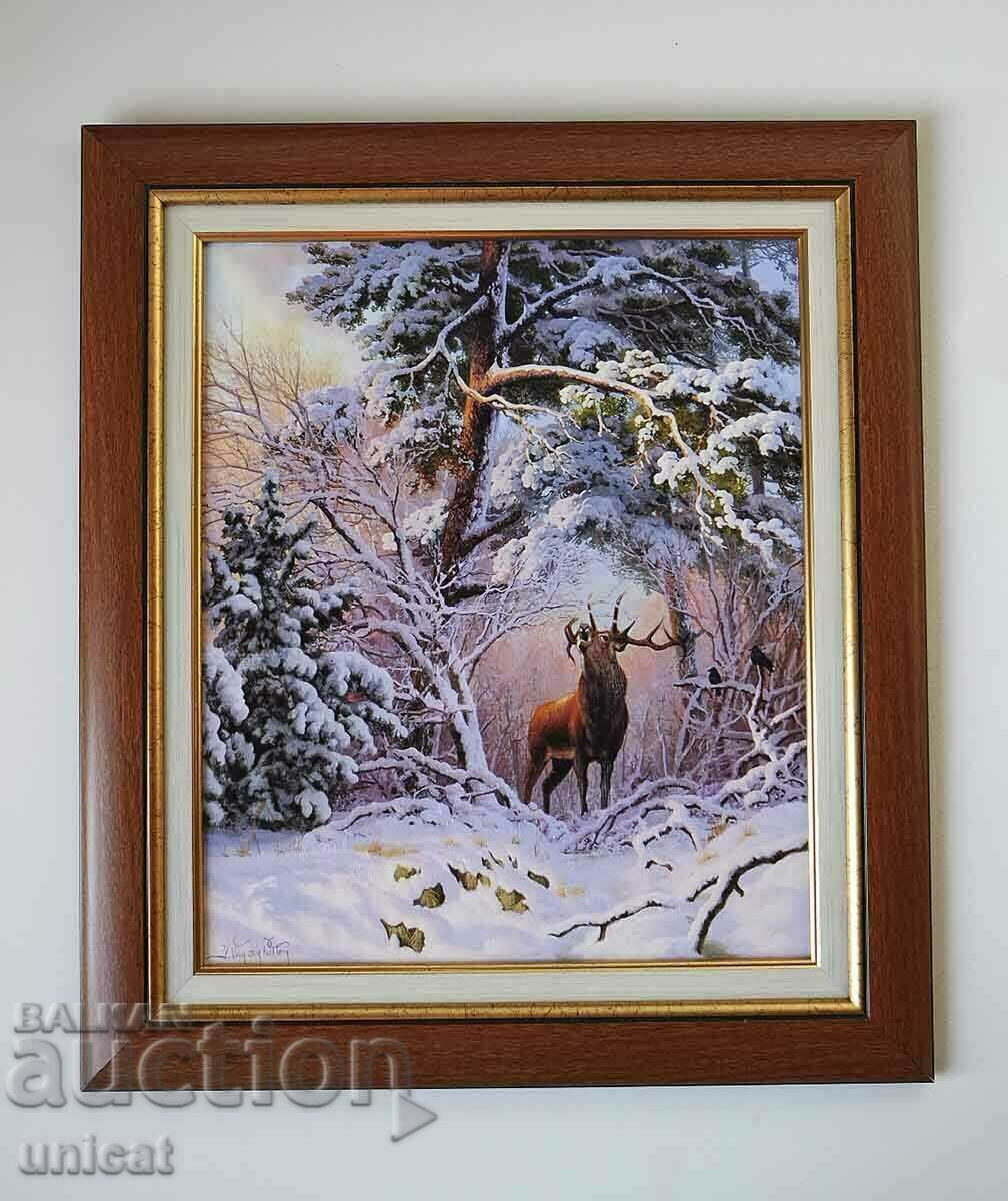 Зимен пейзаж с благороден елен, картина, рамкирана