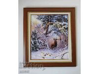 Winter landscape with red deer, picture, framed