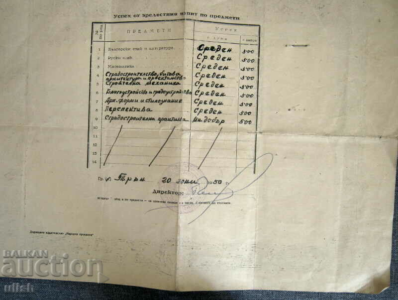 1950 Matriculation certificate diploma high school Trun with price 20.00 BGN | € 10.23 1950 Matriculation certificate diploma high school Trun with price 20.00 BGN | € 10.23