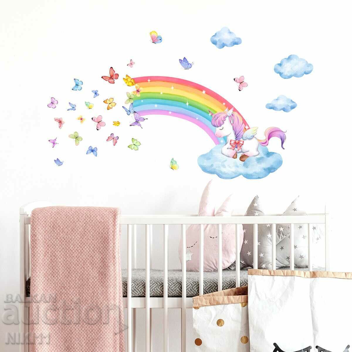 Autocolant de perete unicorn cu curcubeu și fluturi pentru creșă