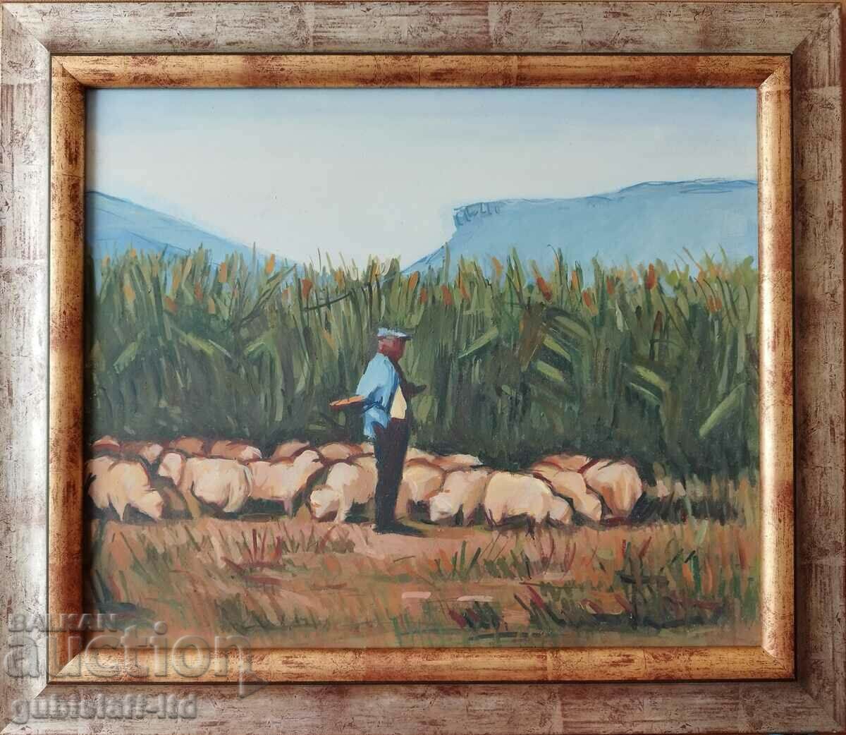 Painting "Shepherd with a flock", art. Oleg Pamukov