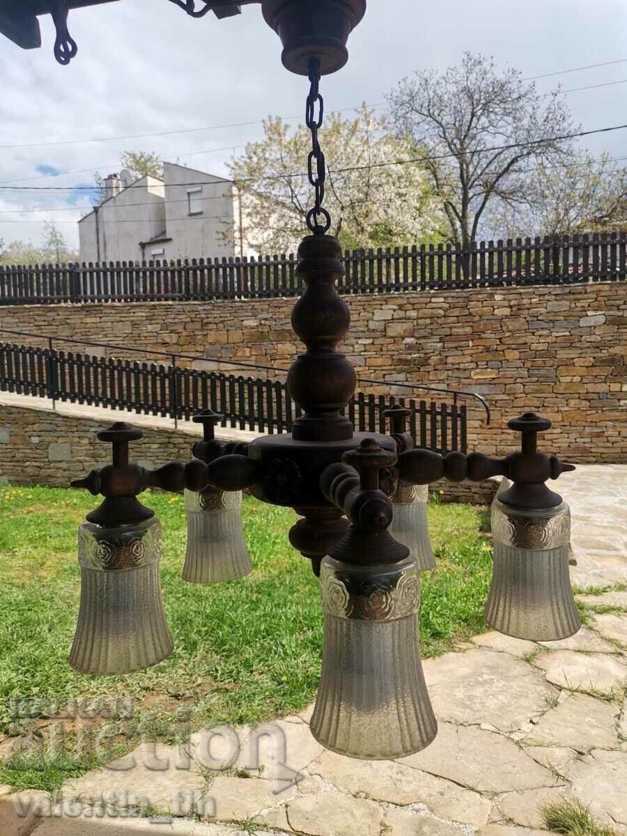 Auction Old chandelier, lampshade made of turned wood Auction Old chandelier, lampshade made of turned wood