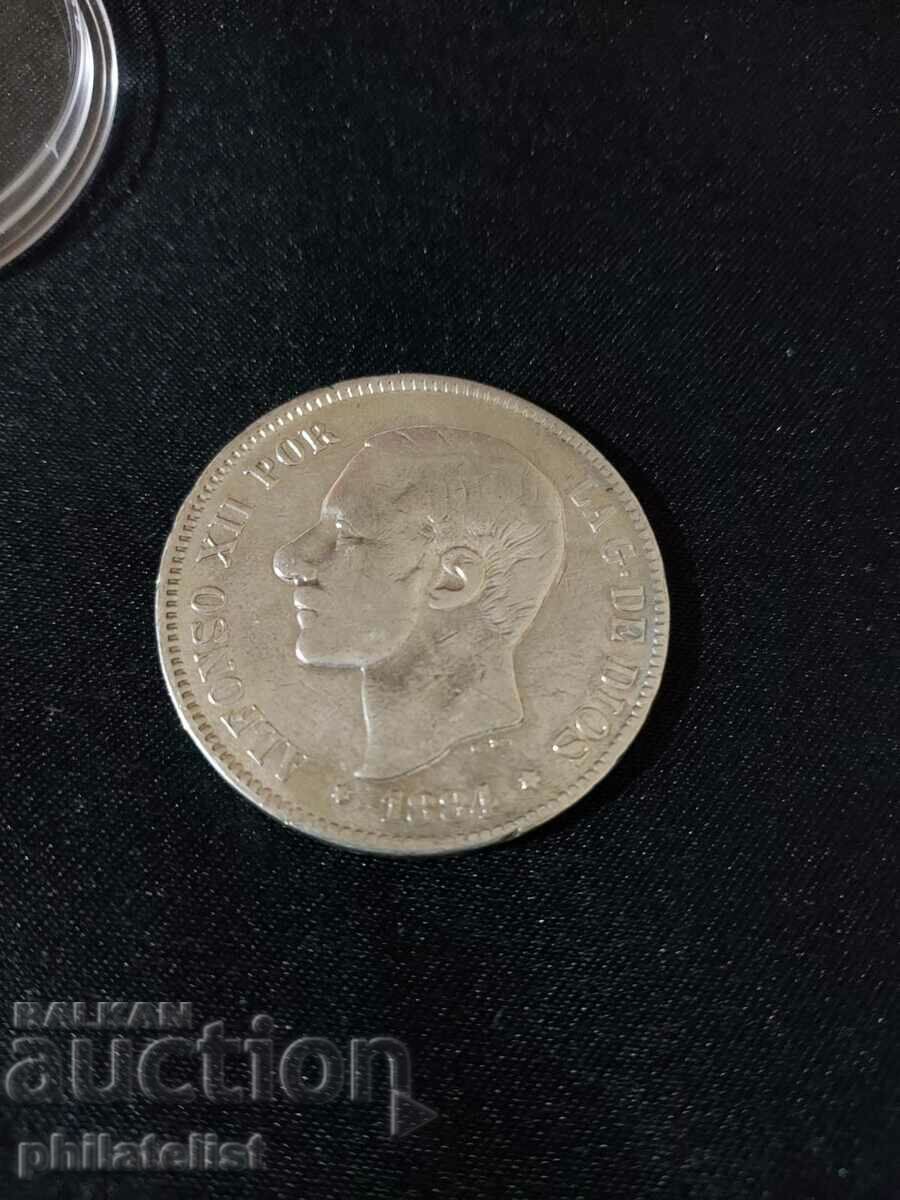 Испания 1884 - 5 песети 1884 - сребърна монета