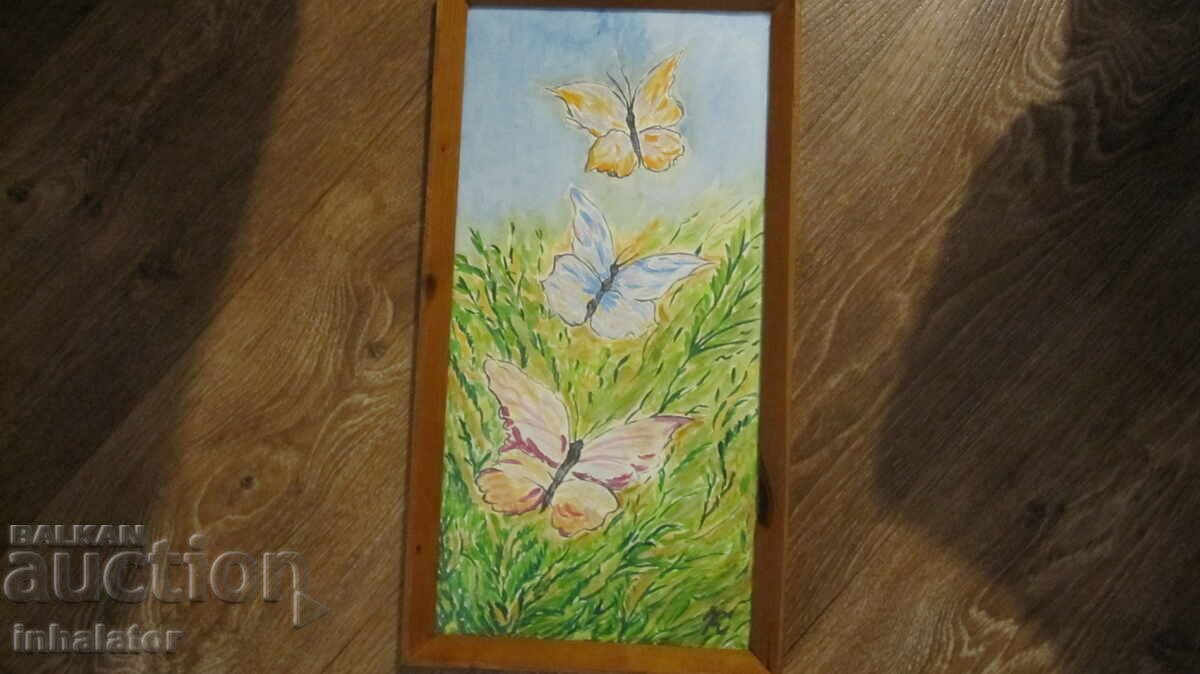 Watercolor Butterflies in a wooden frame - 42 - 22 cm