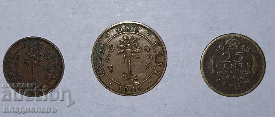 Ceylon half cent, 1 cent, 25 cents