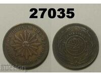 Уругвай 2 центесимос 1869 монета