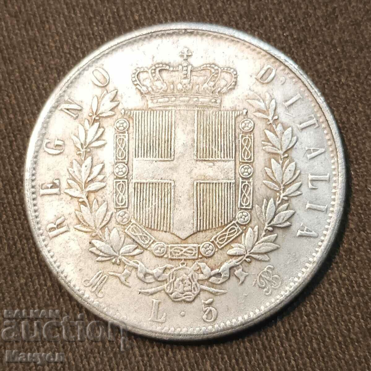 5 lire de argint 1873 Victor Emmanuel II Italia.