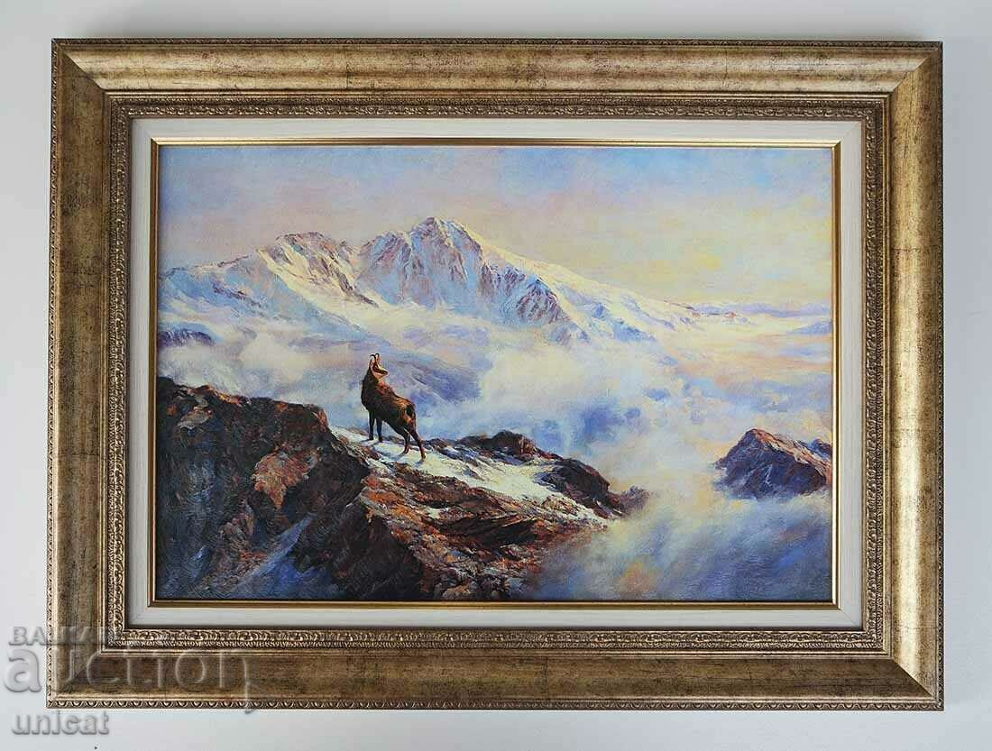 Winter, mountain landscape with chamois, painting