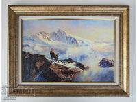 Winter, mountain landscape with chamois, painting