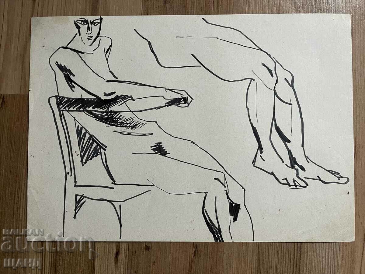 Vechi Desen Creion Figura Erotică Nud Corp Femeii