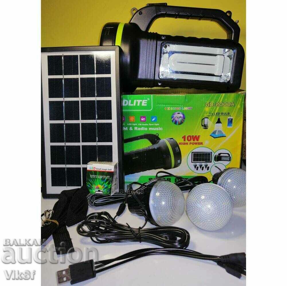 Sistem solar GD Light GD-2000A, Bt Fm, Lanternă, Power Bank,