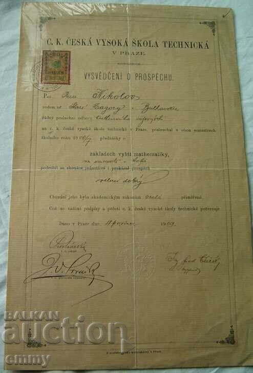 Certificat de la Universitatea Tehnică Cehă, Praga, 1909.