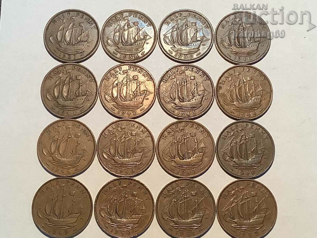 Great Britain 1/2 (half) penny George VI LOT - 16 pieces