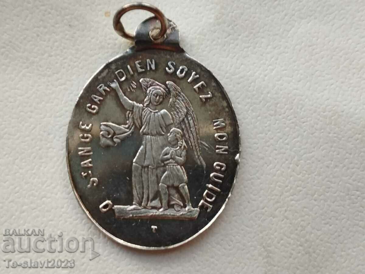 OLD French Silver Medallion Pendant -Angel