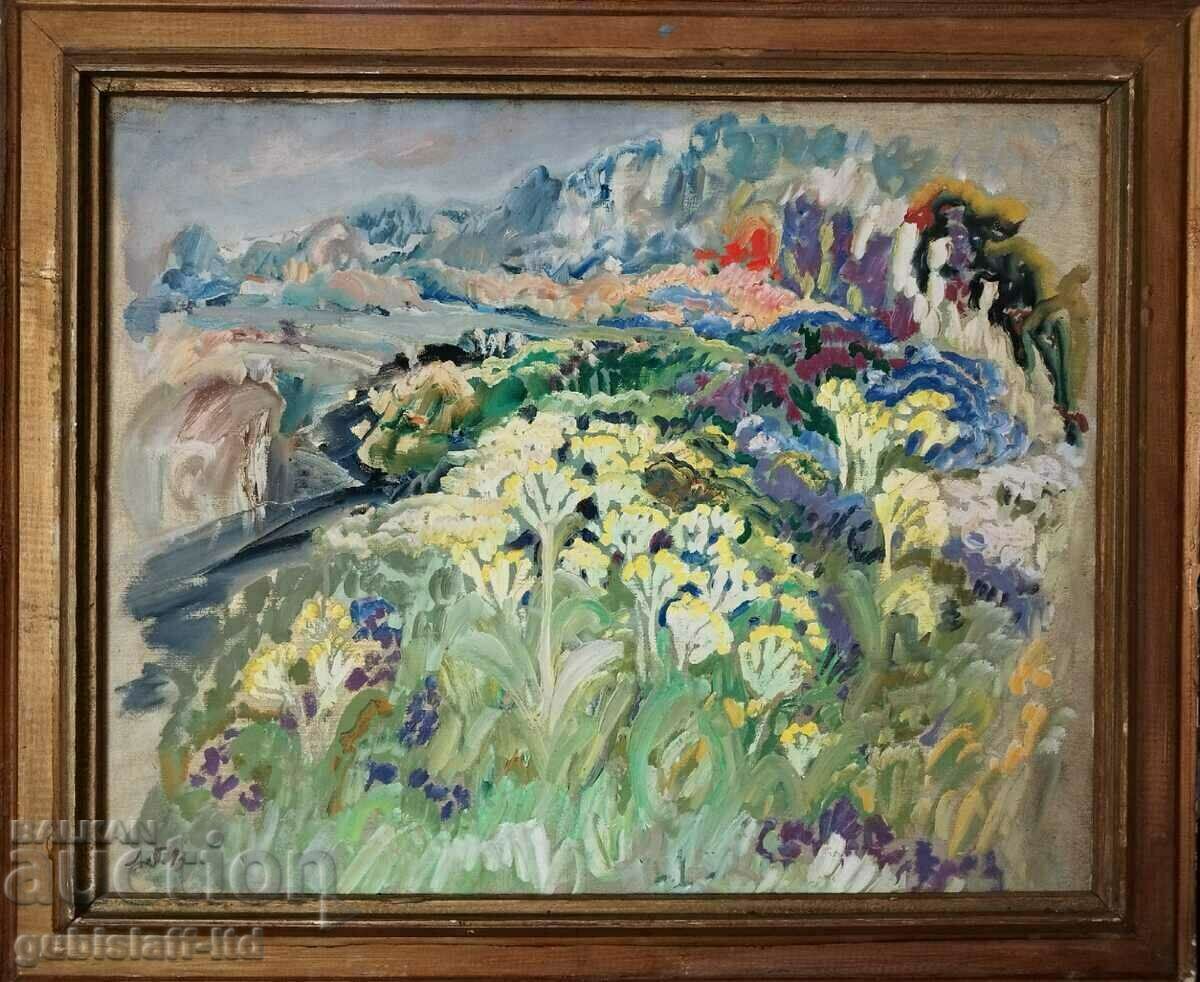 Painting, "Landscape with primroses", art. L. Petrov (1912-2007)