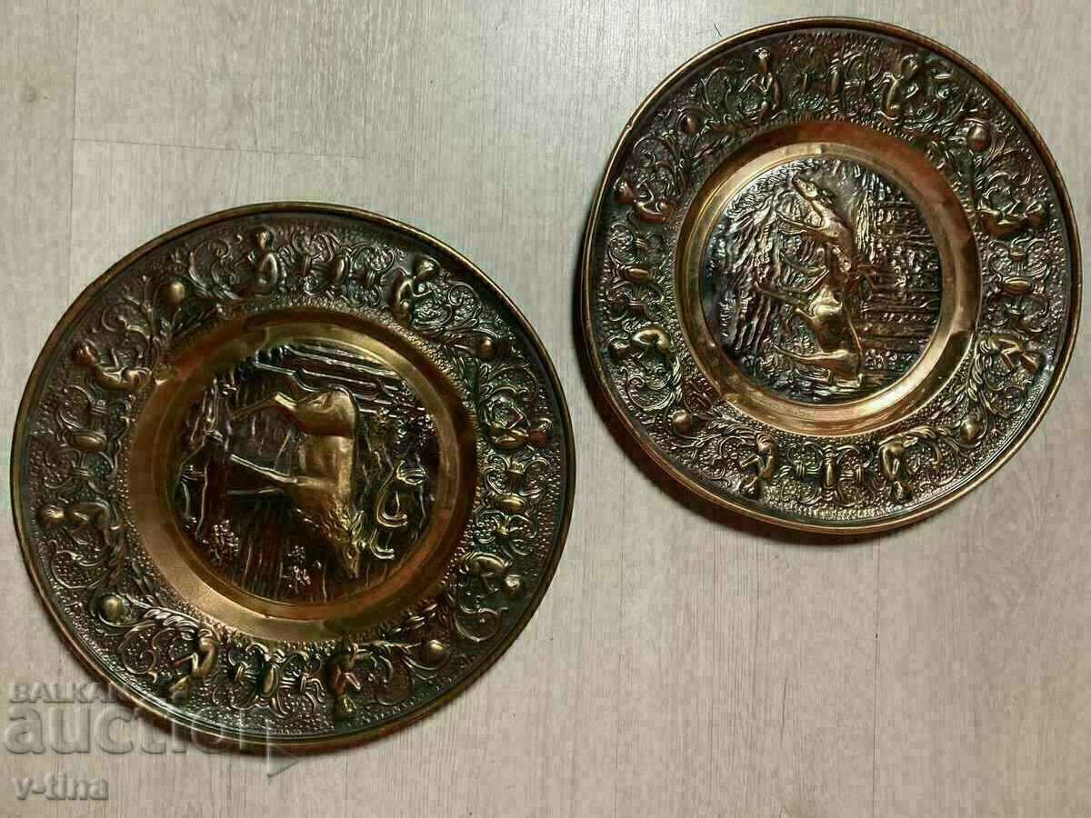 Two large plates of deer hunting scenes