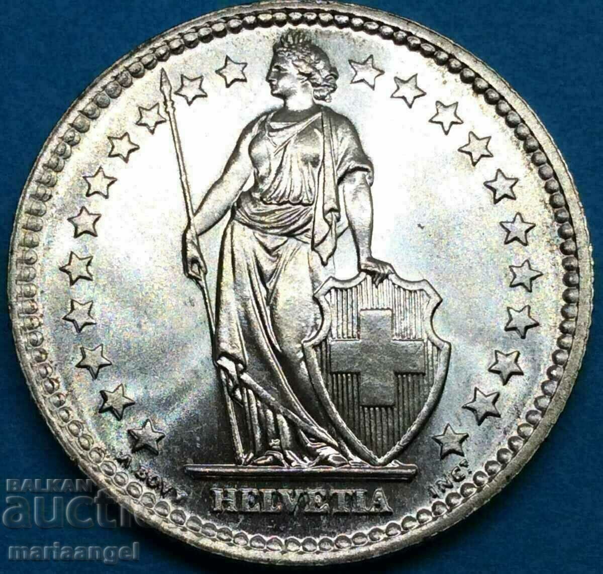 Швейцария 2 франка 1959 Хелвеция сребро UNC 9,99г изкл.рядка