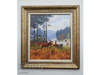 Forest landscape with red deer, painting